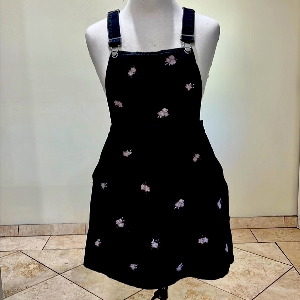 Women’s/Girls black denim overalls skirt, size small, brand K/Lab embroidery.